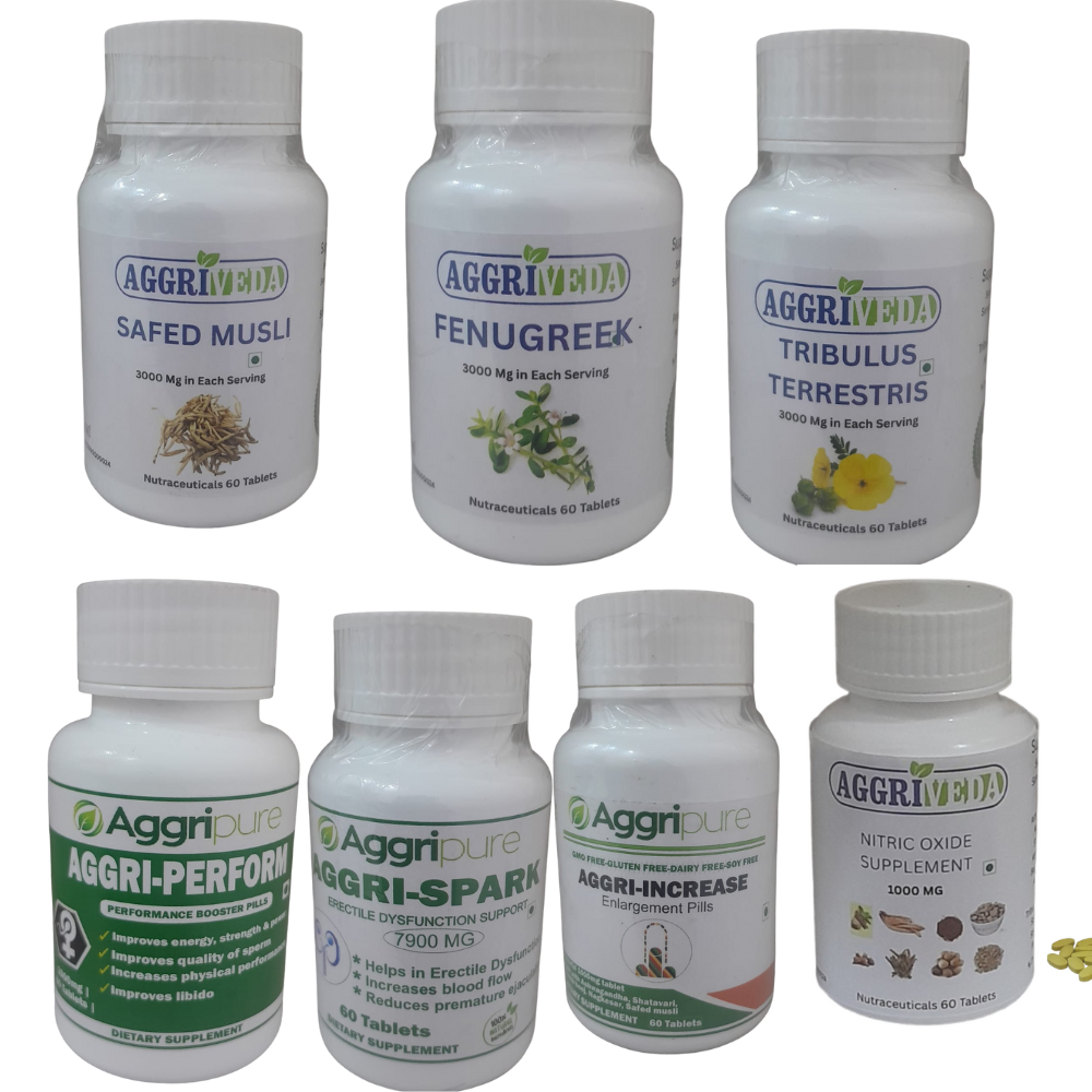 7 Bottle Combo for Ling Mota Lamba Karne ki Dawa - Safed Musli + Fenugreek + Tribulus Terrestris + Aggri-Perform + Aggri-Spark + Aggri-Increase + Nitric Oxide Booster | 420 Tablets